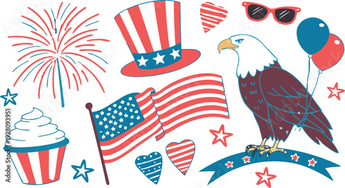 4th of July Sublimation Clipart SVG Bundle.
Large 4th of July clipart bundle illustration, patriotic USA themed elements arranged in a collage layout, vibrant red white and blue color palette,