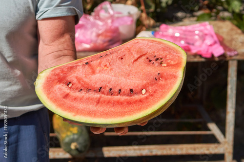 Showing a heavy ripe watermelon harvest at the outdoor market
