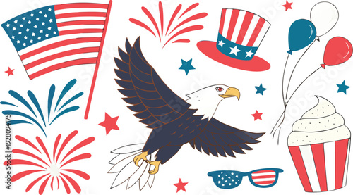 4th of July Sublimation Clipart SVG Bundle.
Large 4th of July clipart bundle illustration, patriotic USA themed elements arranged in a collage layout, vibrant red white and blue color palette,