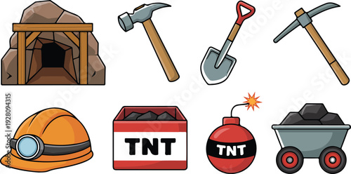 Mining Equipment and Tools Vector Set Featuring Helmet Pickaxe Shovel Cart Explosives and Underground Cave Elements Illustration
