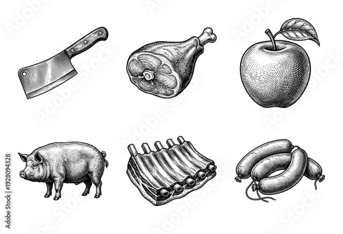 Vintage engraving collection of meat products and butcher tools featuring ham ribs sausages a pig and a cleaver in hand drawn woodcut style