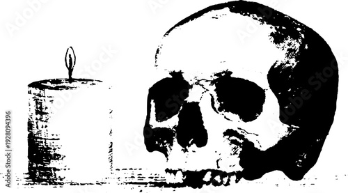 High contrast skull and candle ink art for halloween decor
