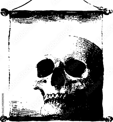 Gothic skull and banner in high contrast black and white for design and decor