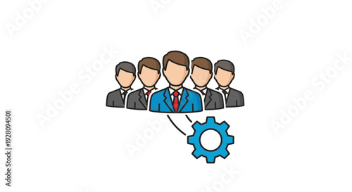 Business team discusses strategy with gear