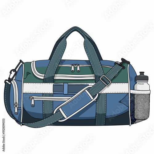 Blue and green duffel bag illustration with water bottle holder adjustable shoulder strap and zippered compartments vector art style