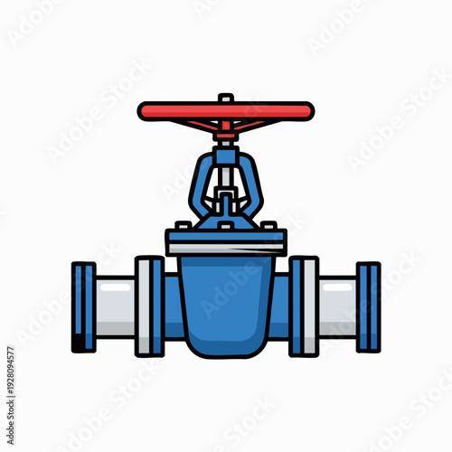Blue and red gate valve cartoon illustration; valve controlling liquid or gas flow in industrial piping; clean vector design