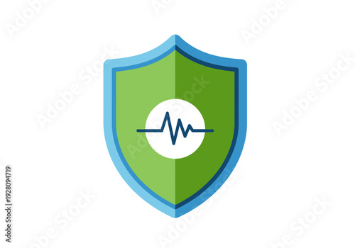 Green and blue shield icon with a white circle containing a dark blue heartbeat line