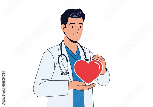 Male doctor in white coat holding a red heart icon