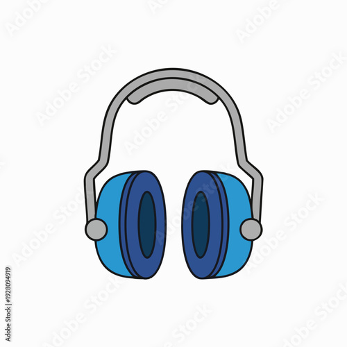 Blue cartoon earmuffs with gray headband design isolated on white background for industrial safety and hearing protection