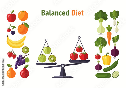 Illustration of fruits and vegetables balanced on a scale for a balanced diet