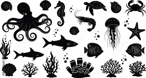 Sea life silhouette icon set, ocean animals vector, octopus shark turtle jellyfish icons, marine creature bundle, underwater world aquatic nature,