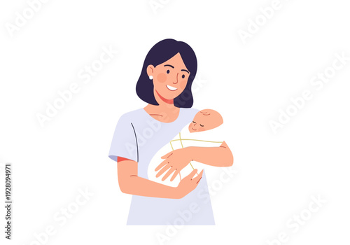 Woman with short dark hair smiling while holding a swaddled sleeping baby