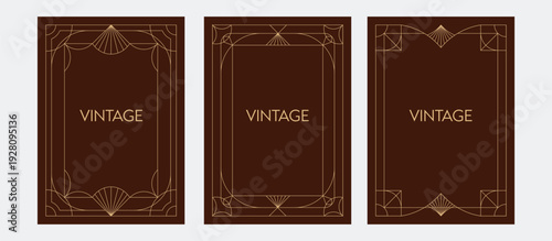 Vintage minimal line art deco frame collection. Gold decorative geometric ornaments border for invitation, cards, cover.