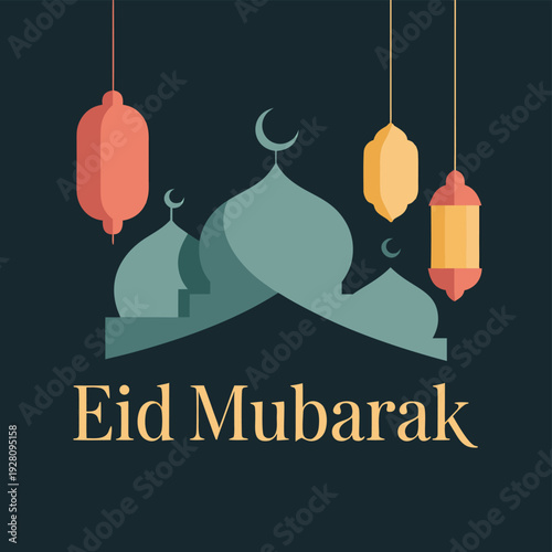 Stylized eid mubarak graphic featuring lanterns a crescent moon and a mosque silhouette high quality professional