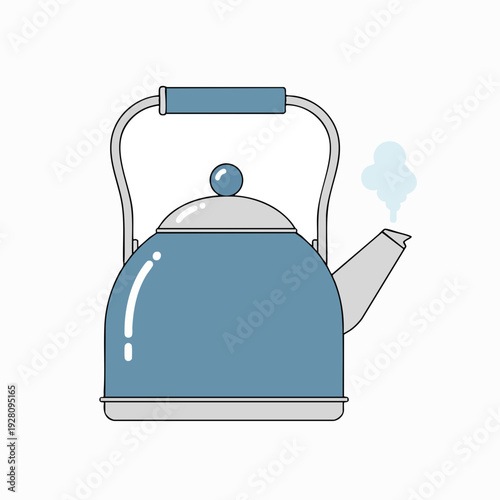 Blue enameled tea kettle with handle steaming water isolated vector illustration on white background for kitchenware and beverage concepts