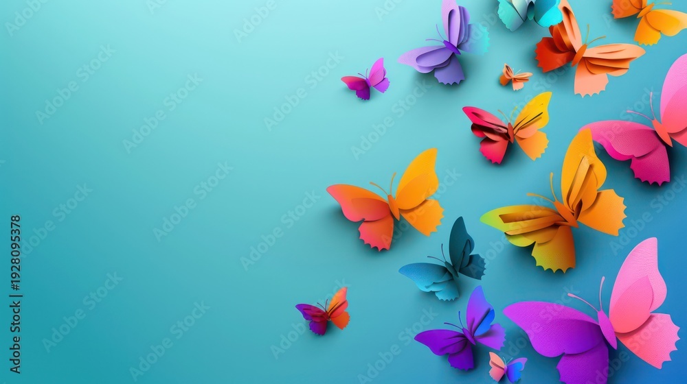 Fototapeta premium Colorful paper butterflies in various shades scatter across a serene blue background