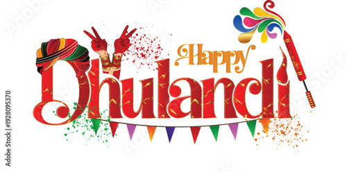 Happy Dhulandi Typography with Rajasthani Turban and Water Gun, Indian Holi Festival Vector Illustration for Greeting Cards and Posters