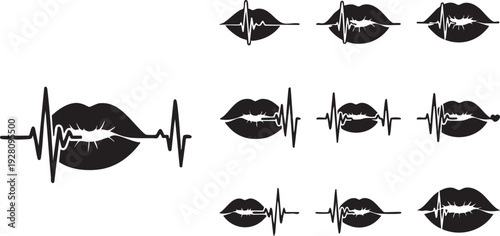 Heartbeat lip prints in black and white silhouette style