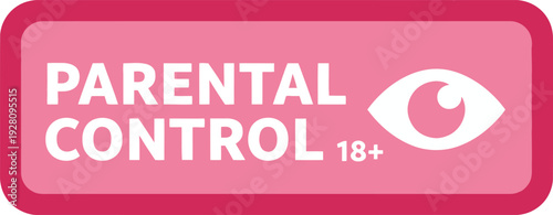 A pink rectangular badge indicating parental control and an 18+ age restriction, featuring a stylized eye icon.