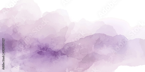 Abstract pink watercolor background featuring a misty mountain landscape at sunrise with soft clouds and sun light over the valley forest horizon