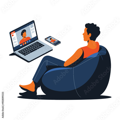 Man relaxing in beanbag chair during video call on laptop