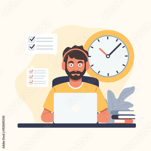 Focused Freelancer Working on Laptop with Headphones, Flat Productivity Workspace Vector Illustration