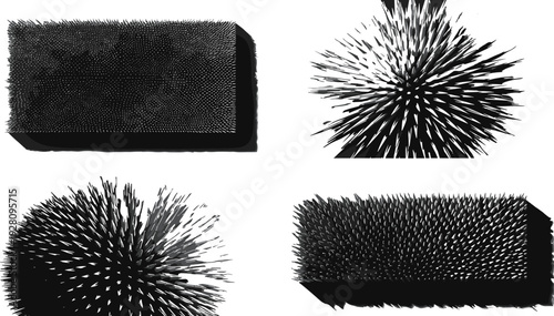 Abstract monochrome 3D spiky shapes collection featuring geometric blocks and radial bursts with sharp points, cad drawing flat vector illustration for modern design.