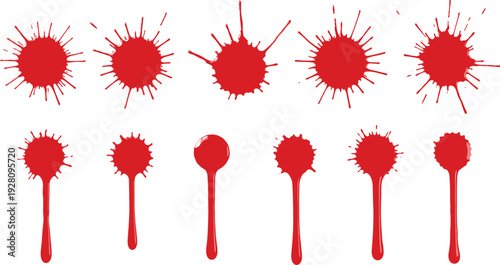 Red blood splatters and liquid drips collection set isolated on checkered background for horror design vector