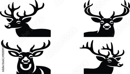 Collection of deer head silhouettes and buck antler profiles in black and white, cad drawing flat vector illustration for hunting nature design,