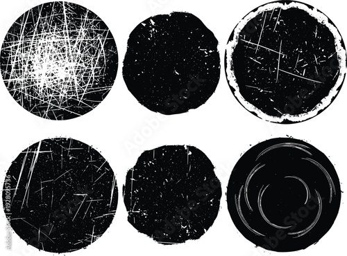 Set of black round grunge circles with scratches and worn textures isolated on transparent background vector