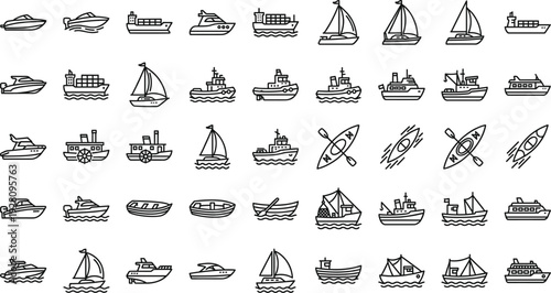 Boat and Ship Outline Icon Set Hand Drawn Vector Collection Featuring Sailboats Yachts Ferries and Maritime Vessels