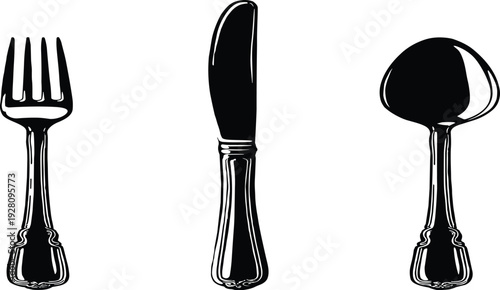 Elegant cutlery icon set featuring fork knife and spoon, professional cad drawing flat vector illustration for restaurant branding kitchenware design and catering.