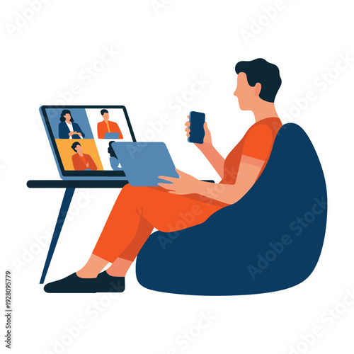 Person on beanbag chair video conferencing on laptop and phone