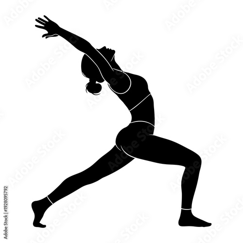 A woman in a yoga pose with her arm extended