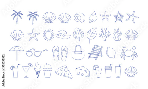 Summer holiday beach outline icons marine lifestyle set vector illustration set, easily editable.