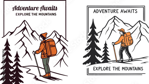 Set of Two Illustrations Featuring a Hiker with Backpack Exploring Mountain Peaks and Evergreen Forests