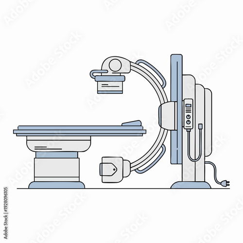 C-arm fluoroscopy system illustration in light blue outline style; medical imaging technology for surgical procedures and diagnostics