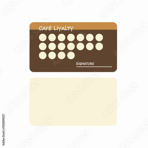 Cafe loyalty card in flat vector design featuring coffee shop reward points with stamp circles and signature line for business marketing