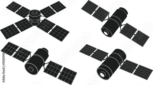 Set of artificial satellite vector icons, space station silhouettes with solar panels, telecommunications technology, global communication network, and aerospace engineering.