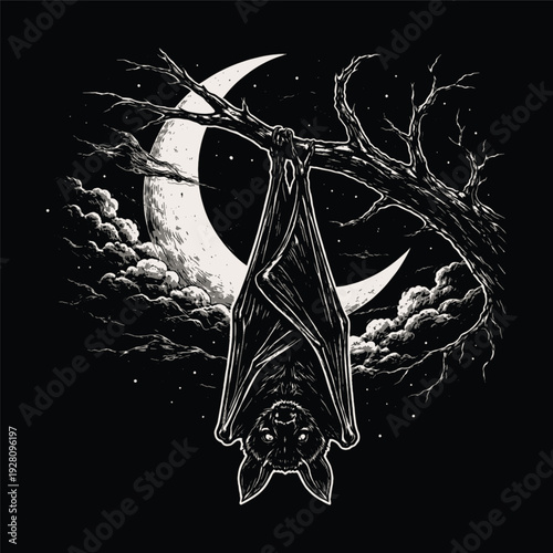 Spooky bat hanging from a dead tree branch against a large crescent moon, gothic halloween concept hand drawn scratchboard line art vector illustration.