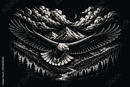 Majestic eagle soaring with wings spread wide over a deep mountain valley, epic nature landscape hand drawn scratchboard line art vector illustration.