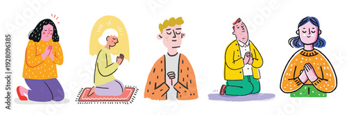 Colorful illustration set of religious men and women praying to God with folded hands spiritual worship and faith expressions
