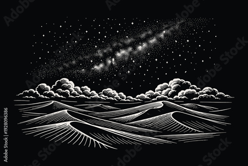 Serene desert sand dunes under a vast milky way galaxy and starry night sky, celestial nature landscape hand drawn scratchboard line art vector illustration.