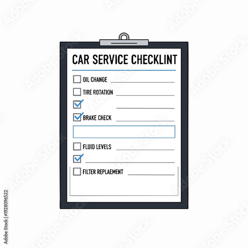 Car service checklist on clipboard with checks for brake and fluid inspections modern vector illustration for vehicle maintenance