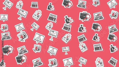 Red background with various business and finance themed stickers. Perfect for financial presentations, marketing materials, and website banners.