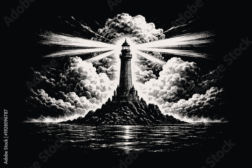 Powerful lighthouse beacon shining across a dark midnight sea, dramatic maritime night scene hand drawn scratchboard line art vector illustration.