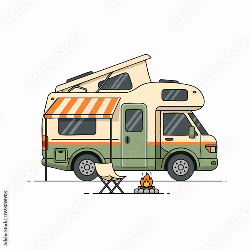 Cartoon RV parked at campsite with campfire folding chair and awning in vintage style; travel adventure camping and outdoor recreation
