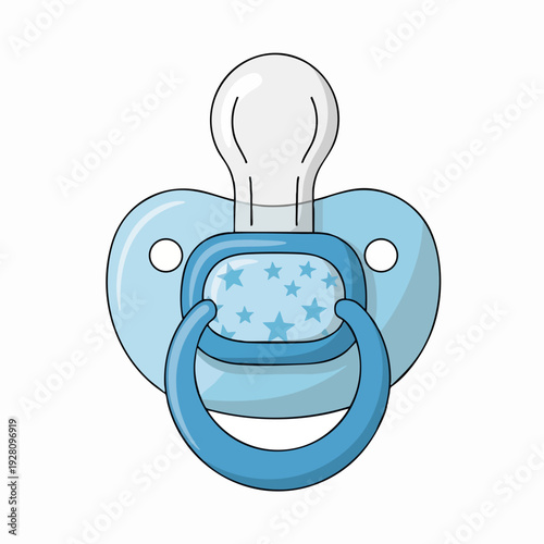 Cartoon blue baby pacifier illustration with star pattern isolated on white for infant care and nursery design elements ideal for baby shower themes