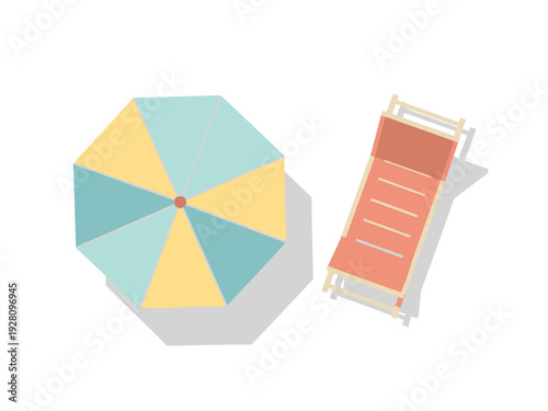 Topdown view of a beach umbrella and lounge chair with shadows