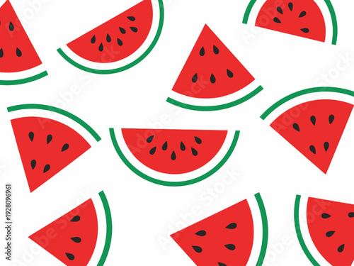 Seamless pattern of red watermelon slices with black seeds on a white background
